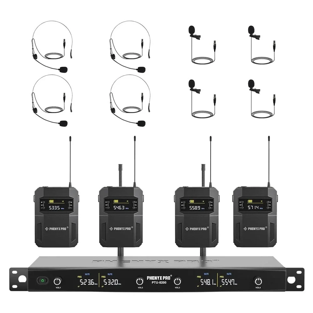 Phenyx Pro PTU-5200 4-Channel UHF Wireless Microphone System Bodypack Headset